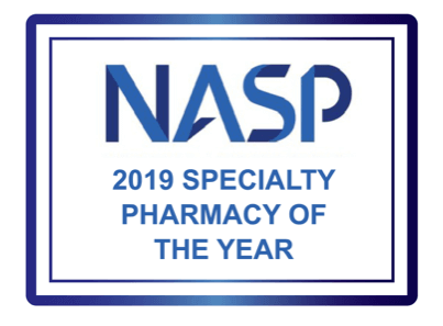 urac award logos for: Accredited Rare Disease Pharmacy Center of Excellence and Accredited Specialty Pharmacy – both expire 8/1/2022. Also shown: NASP 2019 Specialty Pharmacy of the Year