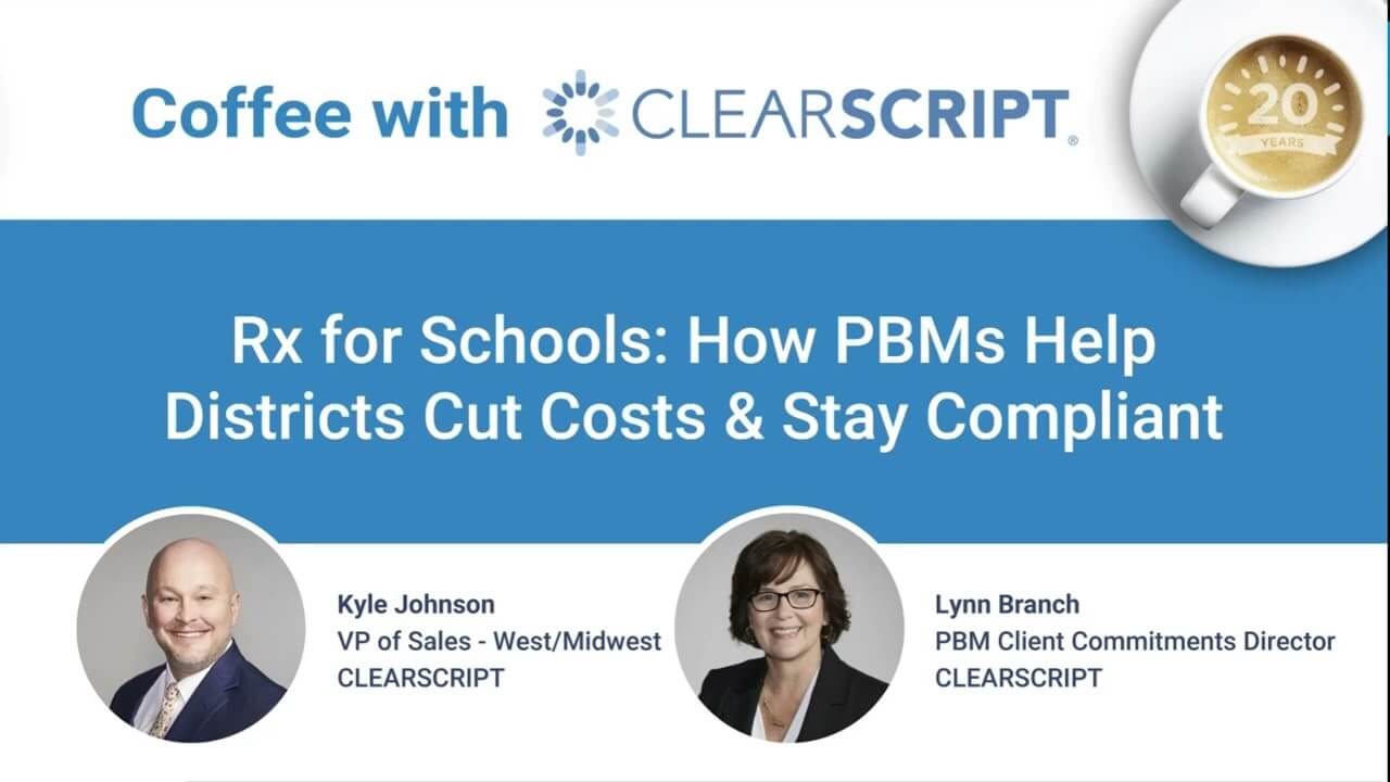 Poster image for YouTube video player. Text: Rx for schools: how PBMs help districts cut costs and stay compliant