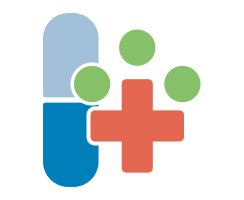 Icon of a pill and medical cross surrounded by dots representing people