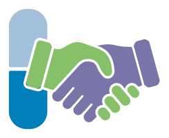 Icon of a pill and hands performing a hand shake