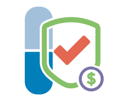 Icon of a pill with shield containing a checkmark and dollar sign