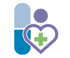 Icon of a pill with abstract figure of a person made from a heart with a head, and a medical cross at the center