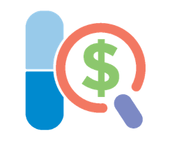 Icon of a pill with magnifying glass and dollar sign
