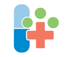 Icon of a pill and medical cross with dots representing people