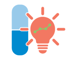 Icon of a pill and lightbulb with data visual graph going upward