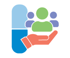 Icon of a pill and a hand with people icons hover above the hand
